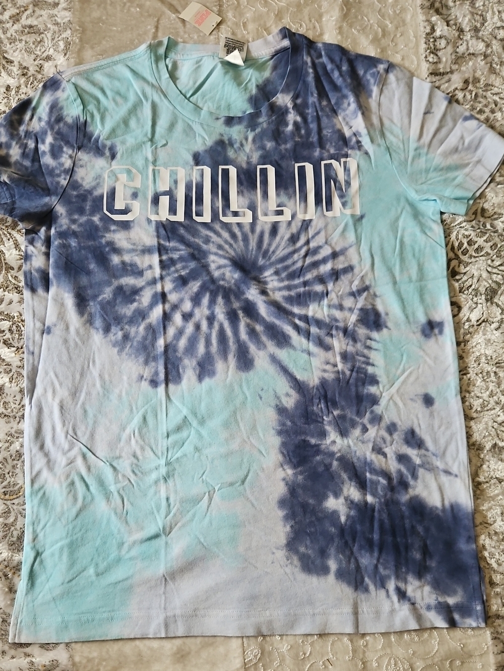 PINK Victoria's Secret Tie-Dye "CHILLIN" Tee - Blue & Aqua - XS